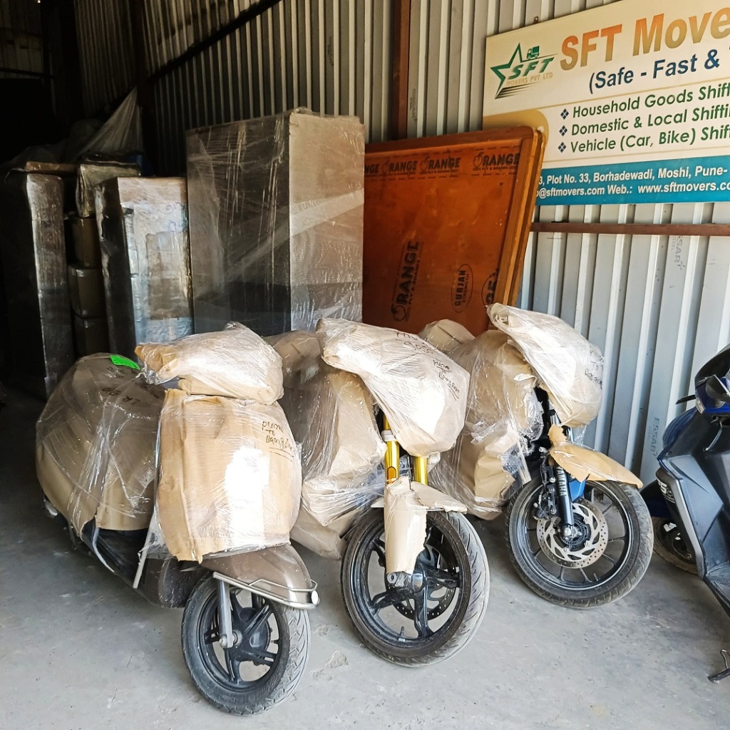 Bike prepared for transport by SFT Movers in Pune